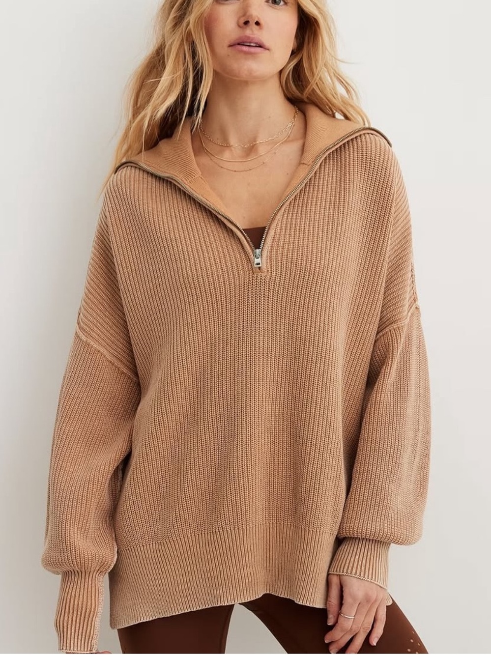 aerie Camel Ribbed Quarter Zip Cowl Sweater